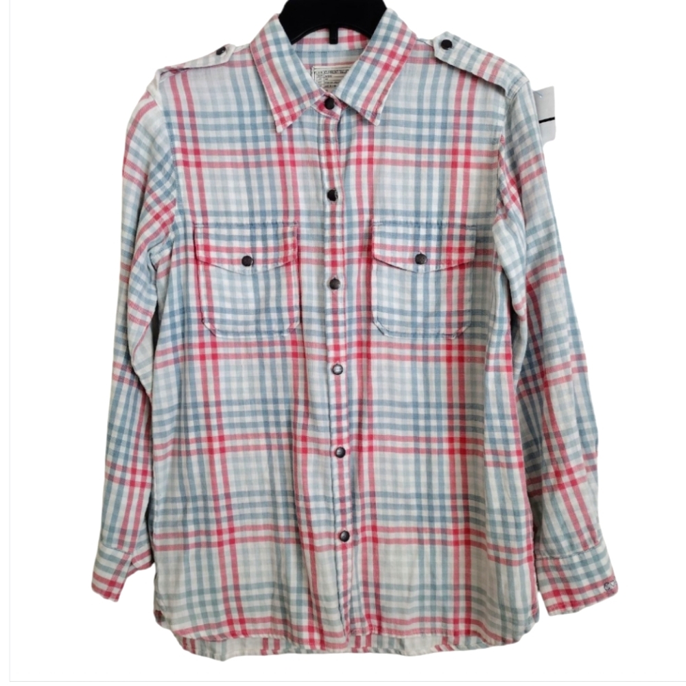 Current/Elliott The Perfect Shirt Indigo Mixed Gingham Red Blue Size 2 Small